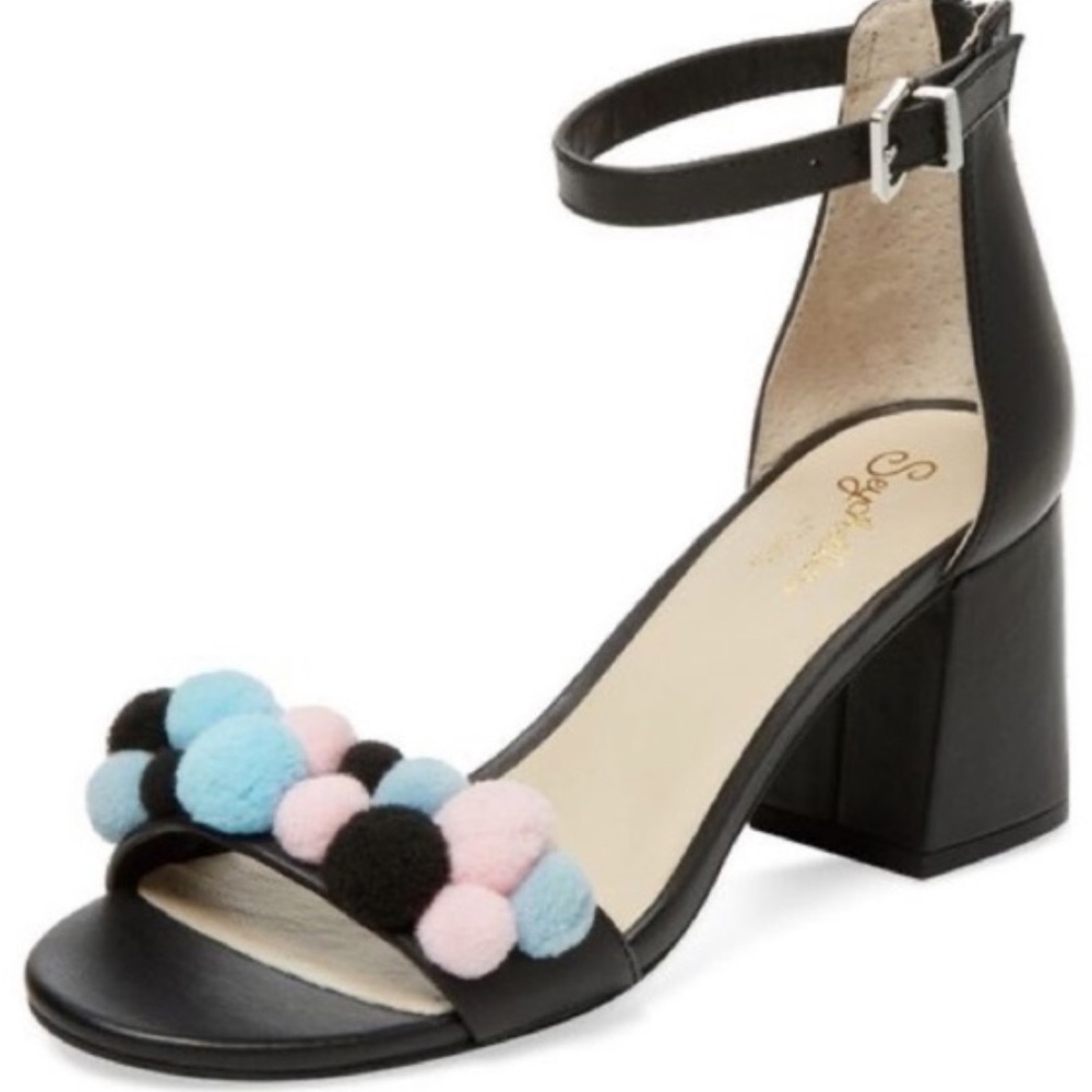Seychelles Black March Pom Heeled Leather Sandals